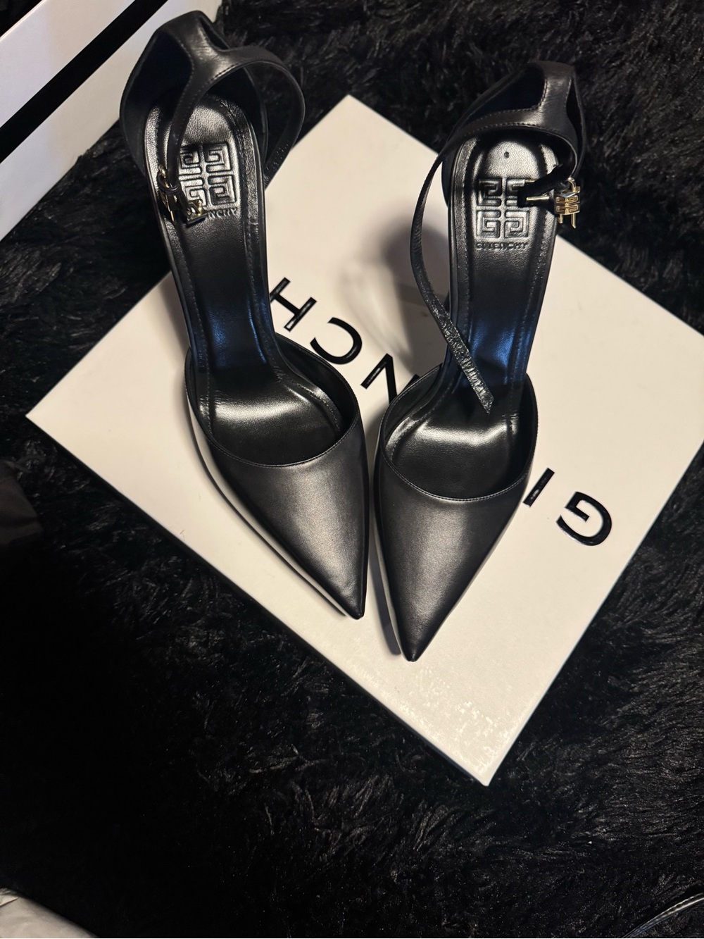 NWT Givenchy Black Pointed Leather Ankle-Strap Pumps with Gold Buckle